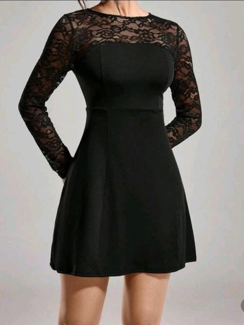 Women's Black Lace Long-Sleeve Fit & Flare Party Dress, Black, Size Large 8/10